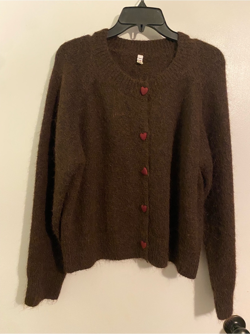 Women's Brown Fuzzy Cardigan with Red Heart Buttons